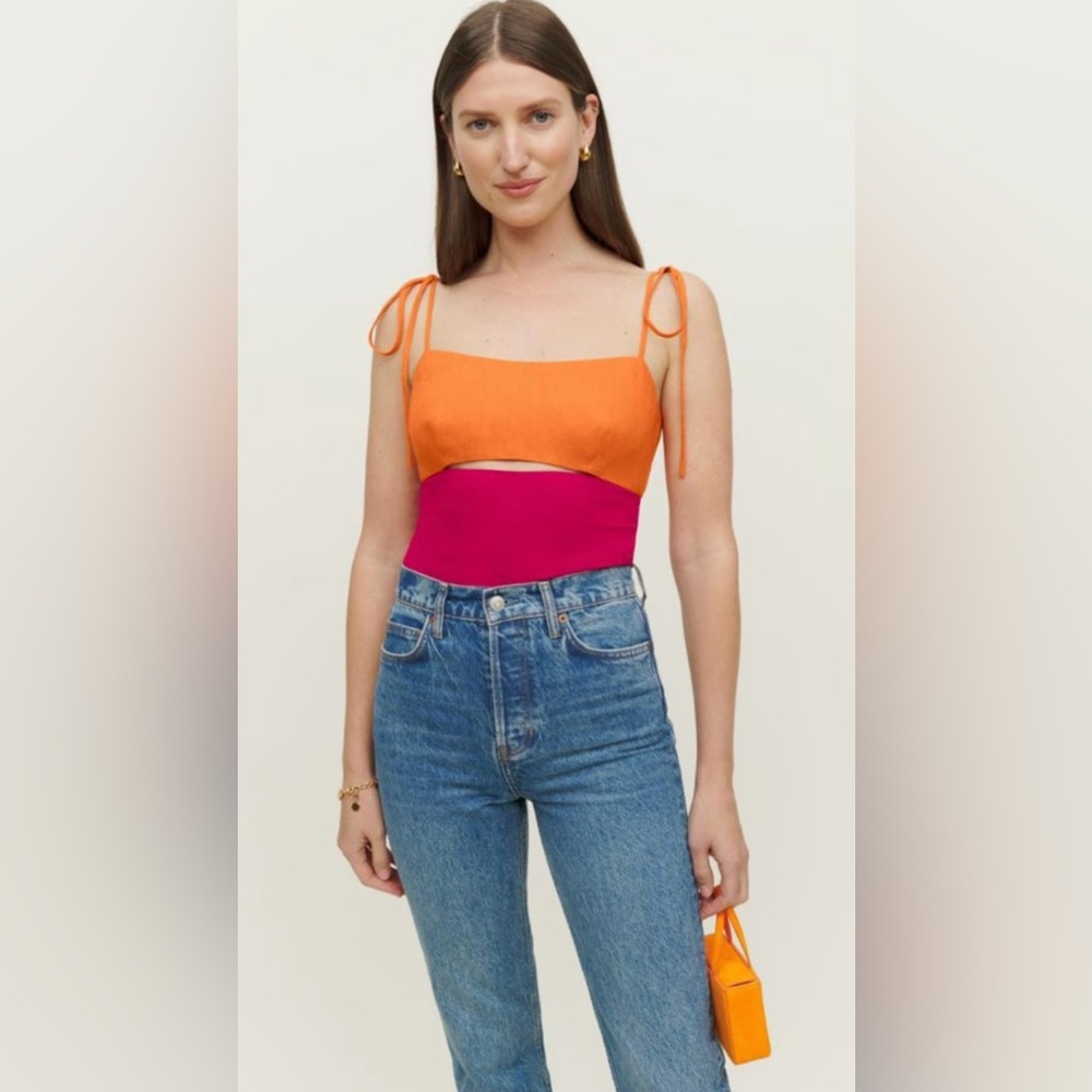 Reformation Colorblock Tie-Shoulder Crop Top in Orange and Fuchsia
